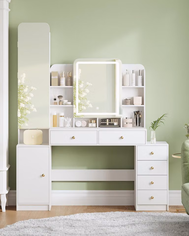 Scrivania da trucco con illuminazione - Bianca - In legno - Design moderno e minimalista - Con specchio e spazio contenitivo