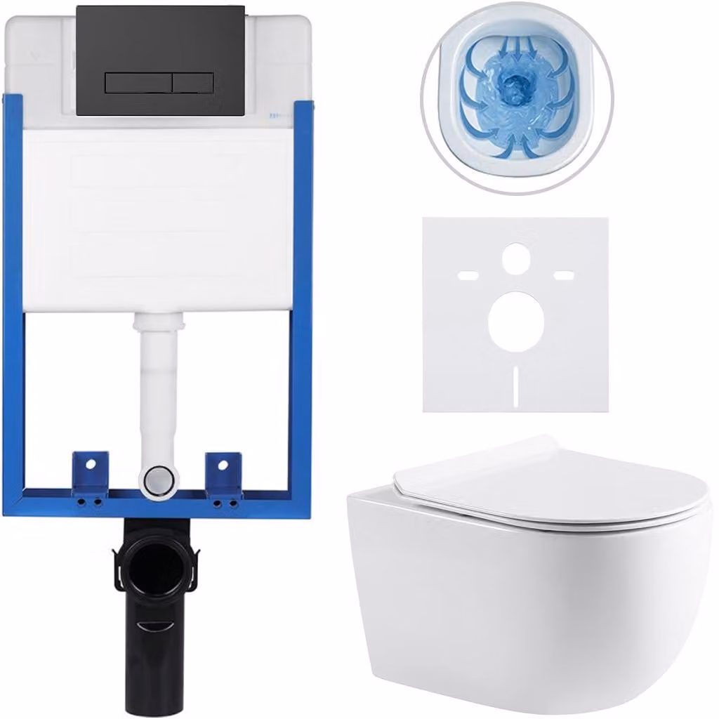 CERANO - Set completo per WC da incasso Lite/Felci - bianco lucido - pulsante WC Slim, nero opaco - da incasso - 52,5x36 cm