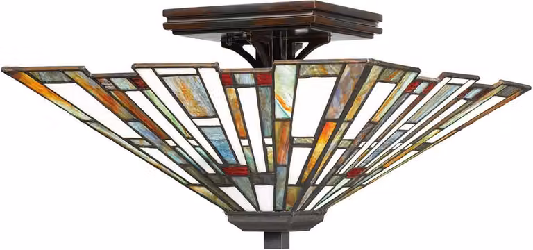 Lampada da soffitto in metallo e vetro larga 36,7 cm in bronzo antico colorato a 2 luci in stile Tiffany
