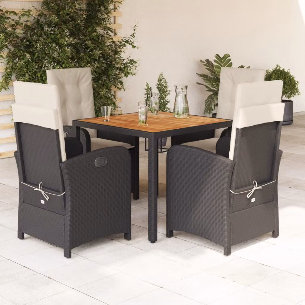 Set da pranzo da giardino vidaXL in polyrattan e legno di acacia con piano in vetro e 5 pezzi nero