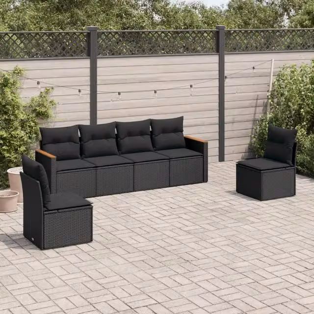 Set Divano da Giardino 6 pz con Cuscini Nero in Polyrattan 3258261