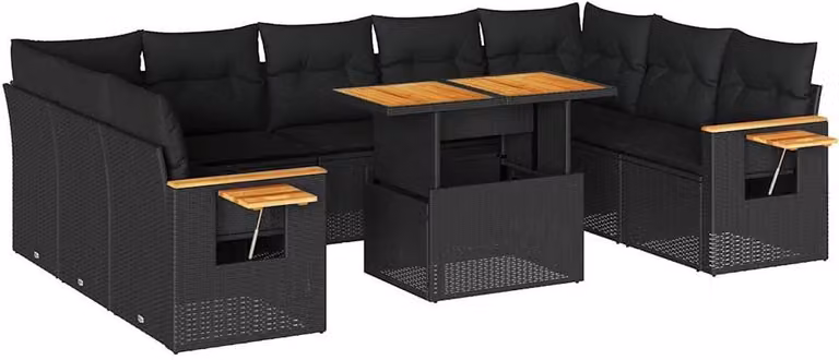 Set Divani Giardino 10pz con Cuscini Nero in Polyrattan Acacia