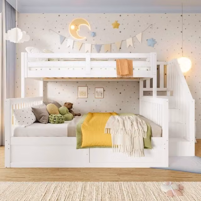 Letto a castello 90x200 e 140x200 cm con contenitore idraulico e scala portaoggetti; in pino e MDF; bianco e naturale