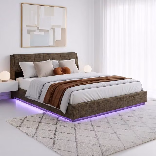 Letto Matrimoniale King Size Contenitore Tröstiar con Apertura a Ribalta e Luce LED 180x200 cm - Effetto Lino Verde [en.casa]
