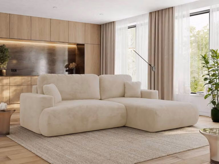 MKS MEBLE divano angolare OVO con funzione letto e box letto, peluche crema, divano a L, divano angolare a 4 posti, 271x195x95 cm - lato destro