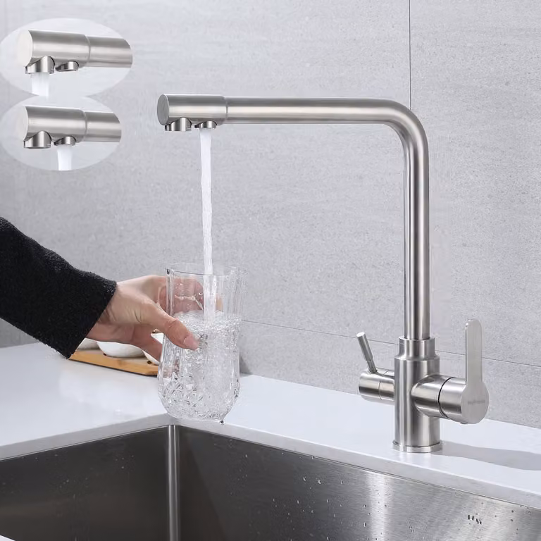 Miscelatore da cucina a tre vie, con due maniglie, girevole a 360°, dotato di 2 erogatori, confezione singola, ideale per la cucina