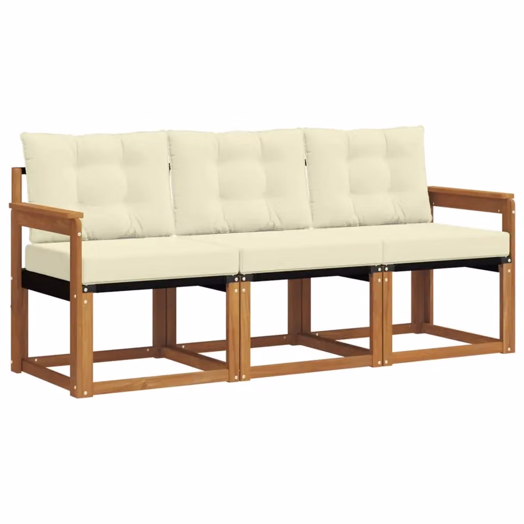 Set di divani da esterno 3 pezzi vidaXL in legno di acacia e textilene, colore beige e bianco con cuscini inclusi – 2
