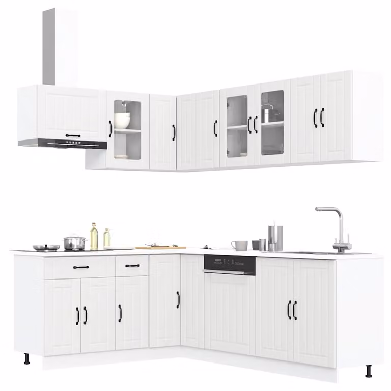 Set di mobili da cucina moderno vidaXL Lucca composto da 11 pezzi in legno e vetro, colore bianco opaco