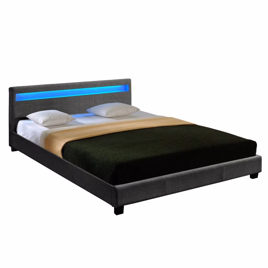 Letto Matrimoniale Corium con Testiera Alta Imbottita, Illuminazione a LED e Cassetti, Grigio, L/P/H: 180 x 200 x 189 cm – 2