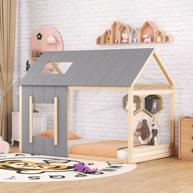 Letto a forma di casa REDOM per bambini in pino e MDF, naturale e grigio, L/P/H: 90 x 200 x 151 cm