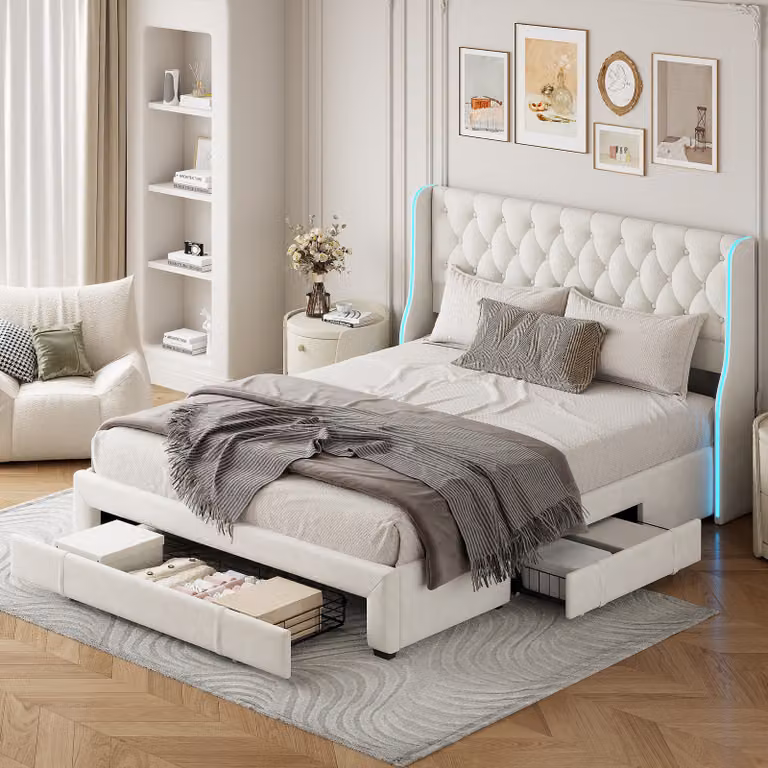 Letto imbottito 160x200cm, letto matrimoniale con 3 cassetti, LED, struttura letto, velluto, beige