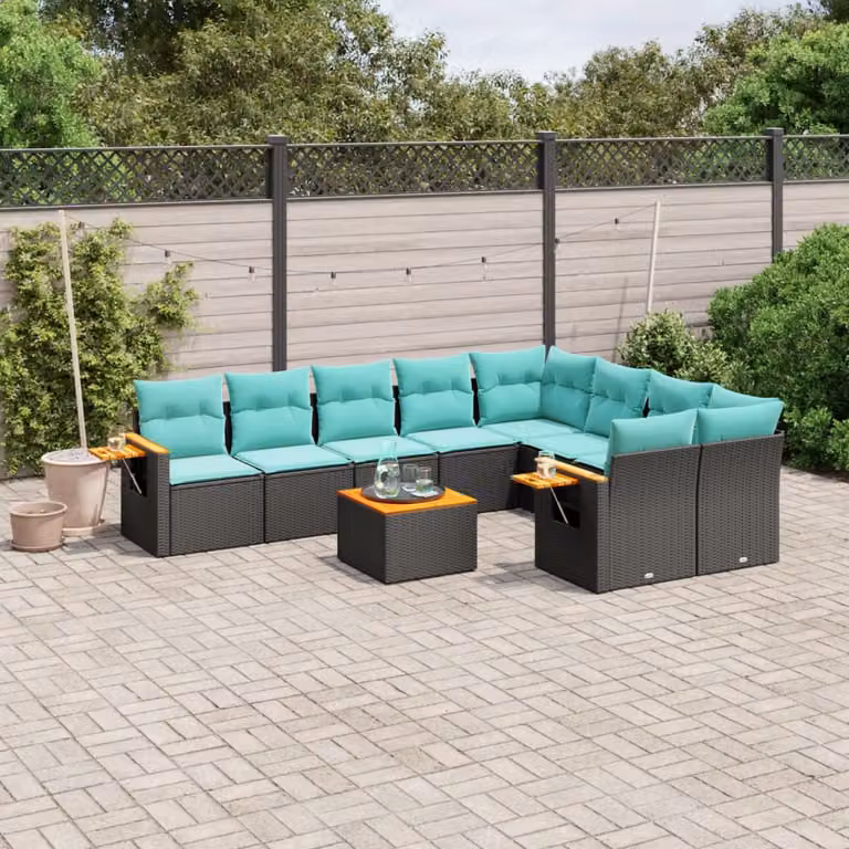 vidaXL Set Divani da Giardino 10 Pezzi in Polyrattan Nero con Cuscini e Tavolino da Esterno