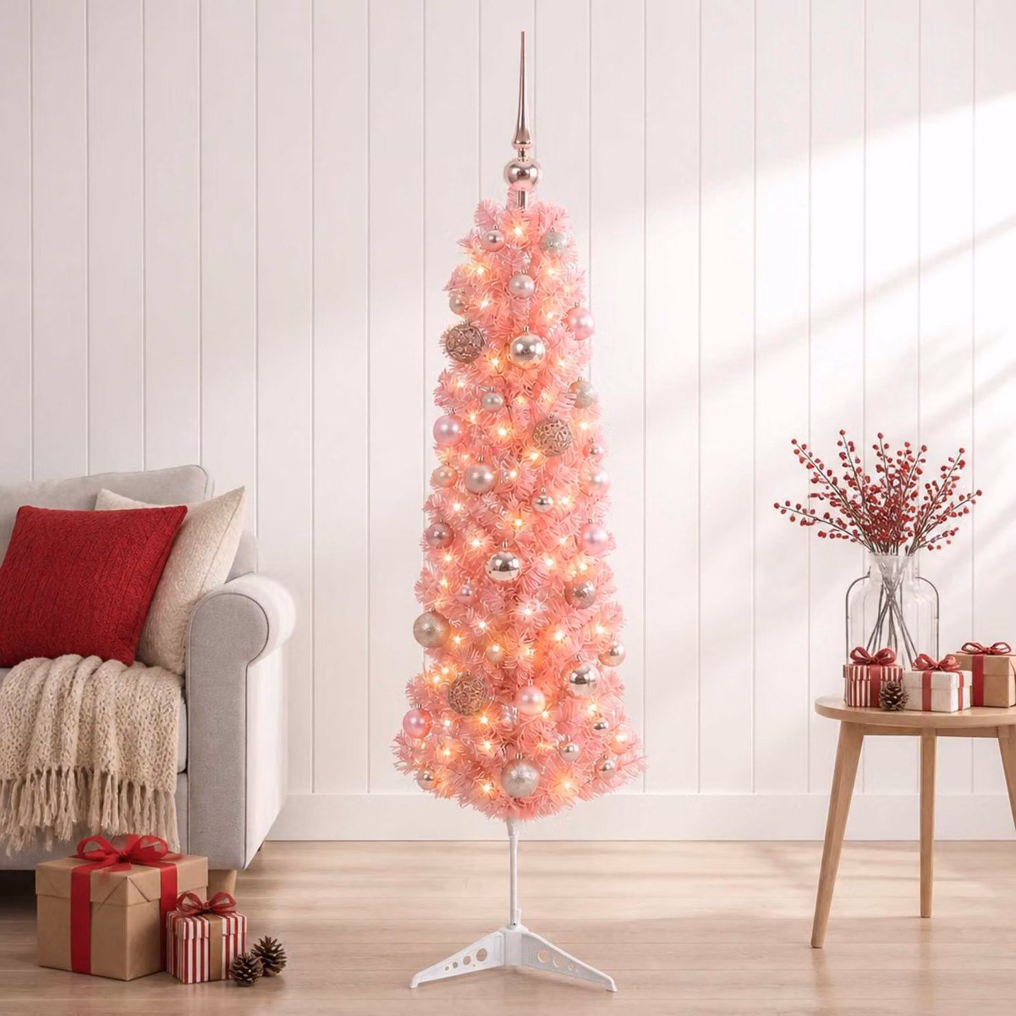 Albero di Natale artificiale, sottile, con decorazioni a forma di pallina, altezza 120 cm