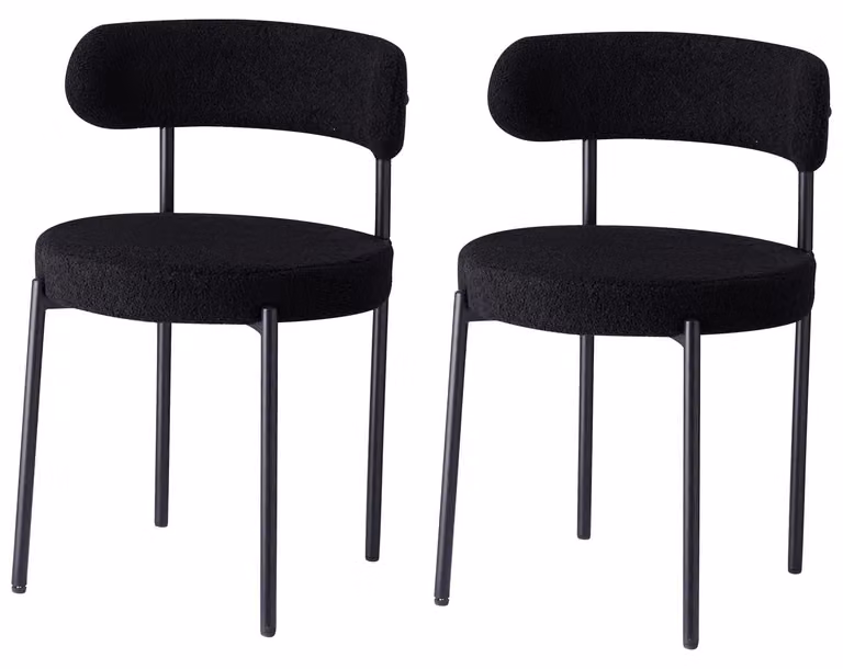 Set di 2 sedie da pranzo - Sedia in stile mid-century modern - Seduta rotonda imbottita - Schienale curvo - Gambe in metallo - Adatte per cucina e soggiorno - Colore: nero