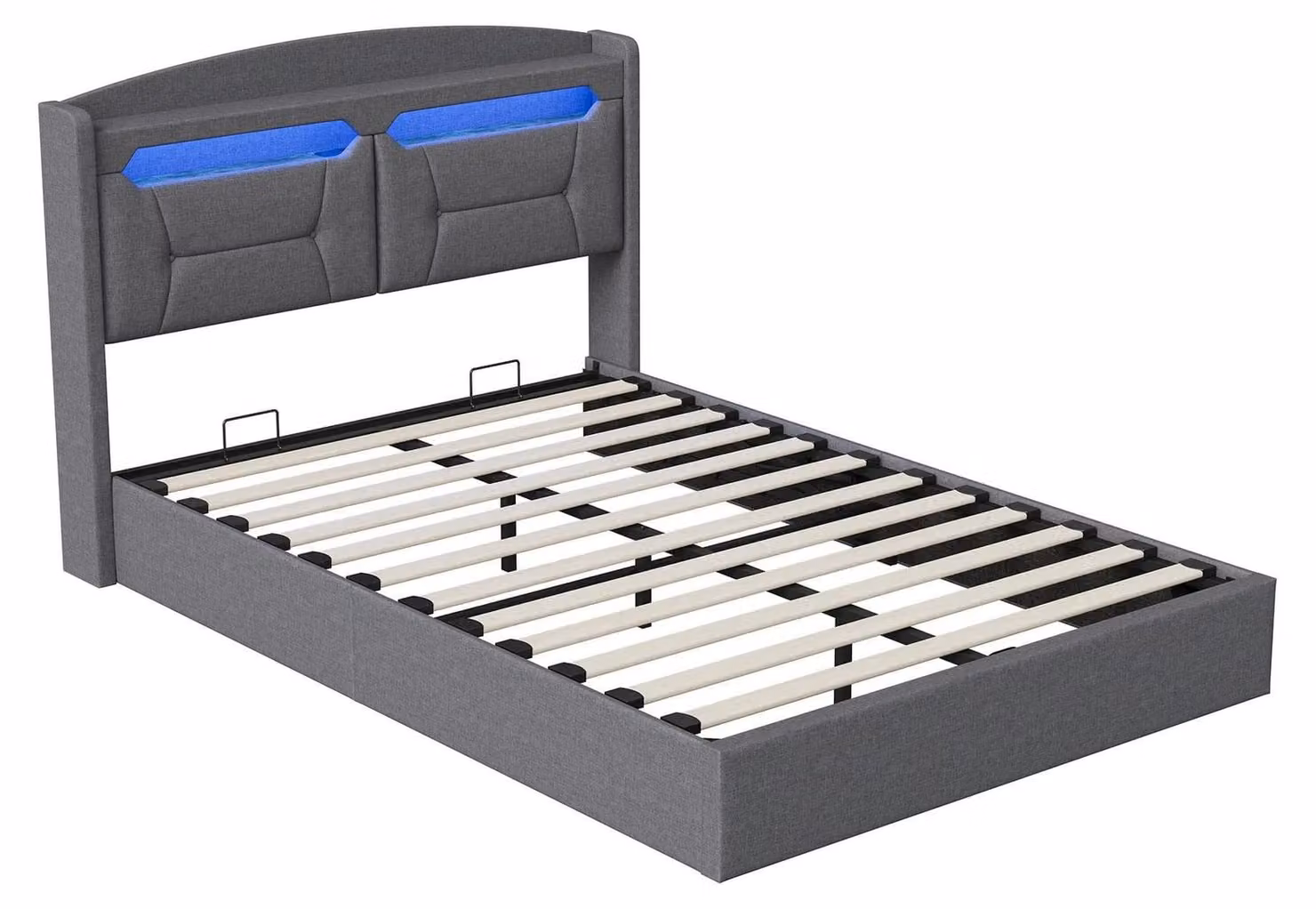 Letto imbottito 140 x 190 cm - Letto con sistema di sollevamento idraulico e spazio contenitore - Struttura in legno con funzione di sollevamento - Include rete a doghe e testiera moderna - Senza materasso - Grigio chiaro