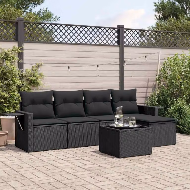 vidaXL Set Divano da Giardino 6 pz in Polyrattan Nero con Cuscini e Tavolino