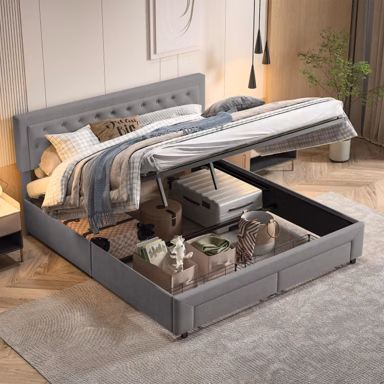 Letto imbottito 180x200 cm con sistema di sollevamento idraulico, contenitore, cassetti e rete a doghe, colore grigio