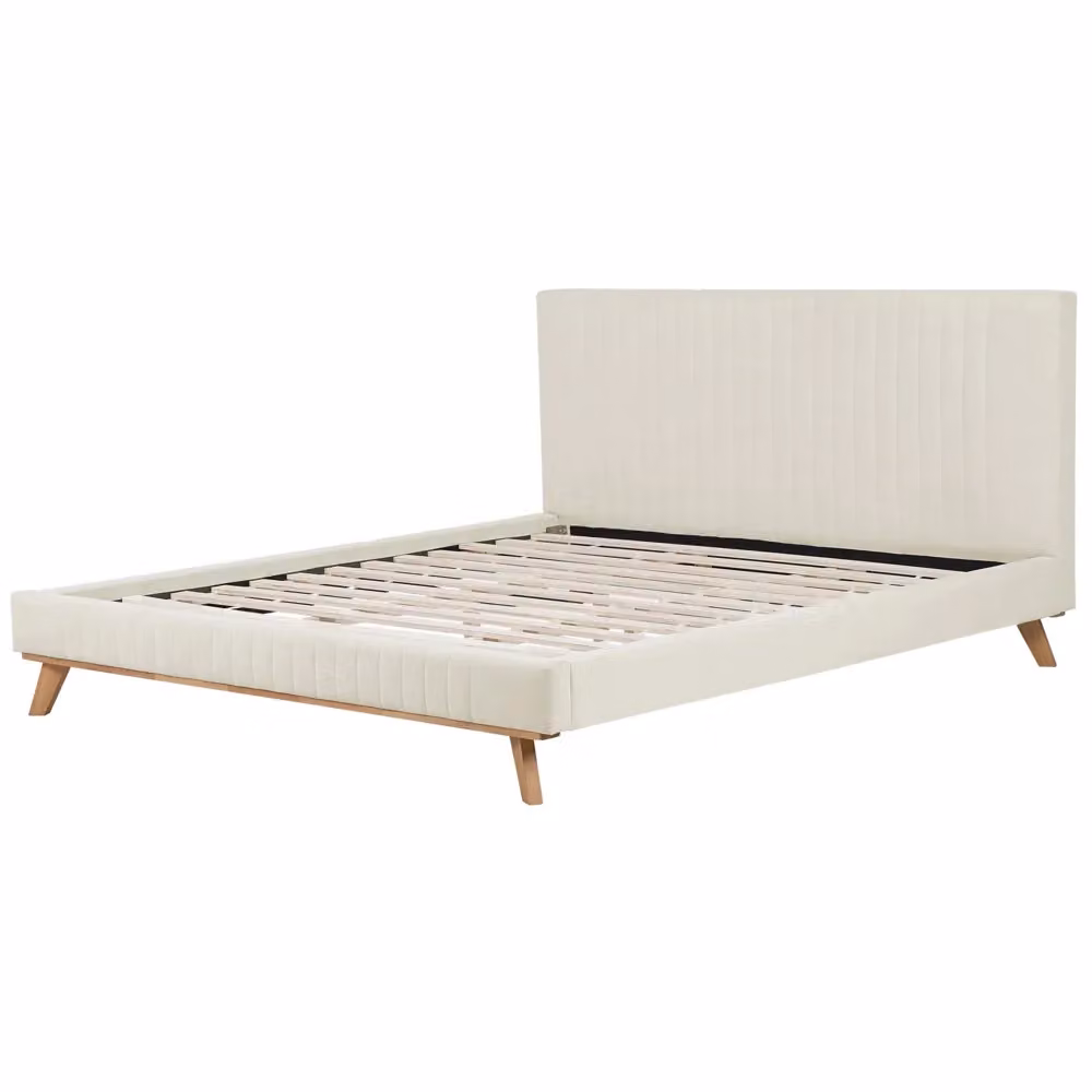 Letto Beliani moderno con struttura imbottita e testiera in legno oliato, L/P/H: 180 x 200 x 106 cm, colore beige e blu – 2