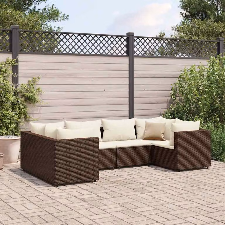 vidaXL Set di Mobili da Giardino a Forma di L per 6 Persone con Cuscini, Struttura in Acciaio Verniciato e Polyrattan, Marrone e Bianco