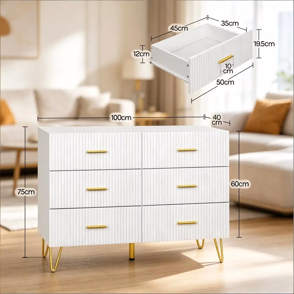 Cassettiera REDOM con 6 cassetti in stile glamour, colore bianco e oro, L/P/H: 100 x 40 x 75 cm – 2