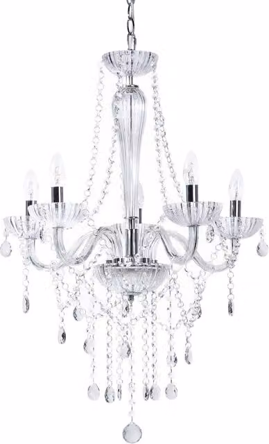 Lampadario a sospensione moderno BELIANI in cristallo e metallo argento e trasparente con 5 fuochi, Altezza: 185 cm, Diametro: 55 cm