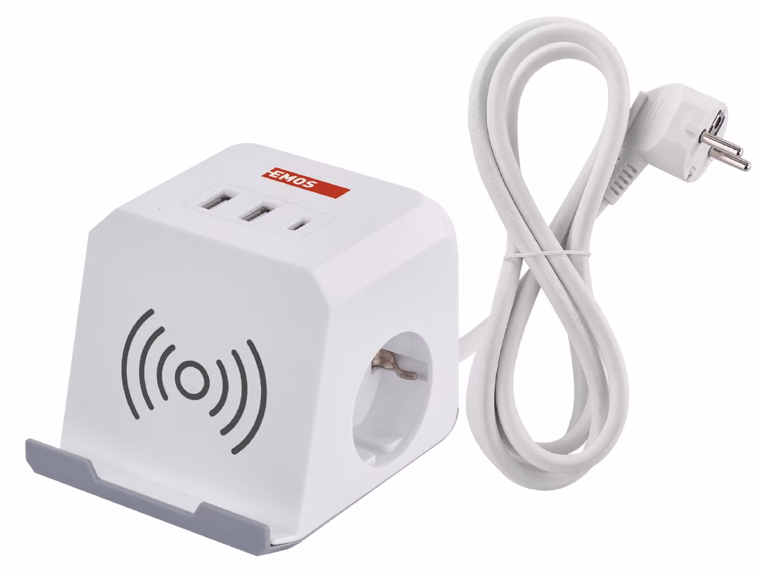 Cubo di prese EMOS con stazione di ricarica USB e QI, 2x prese Schuko, 2x porte USB-A, 1x USB-C, 1x stazione di ricarica Qi con supporto per cellulare, cavo da 2 m, P0222CQ