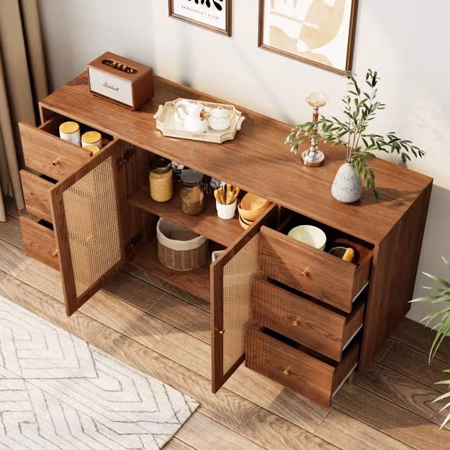 Credenza con 6 cassetti e 2 ante in rattan e MDF colore legno per cucina e soggiorno L: 160 cm, P: 40 cm, H: 90 cm