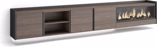 Mobile TV Soggiorno, 315x50x35 cm, Per TV fino a 80", Camino elettrico XXL, Sospeso, da appendere, LED, Rovere scuro e Nero