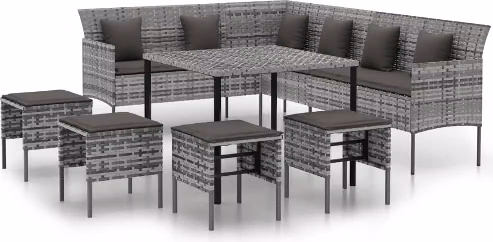 Set da Pranzo da Giardino 6 pz con Cuscini in Polyrattan Grigio
