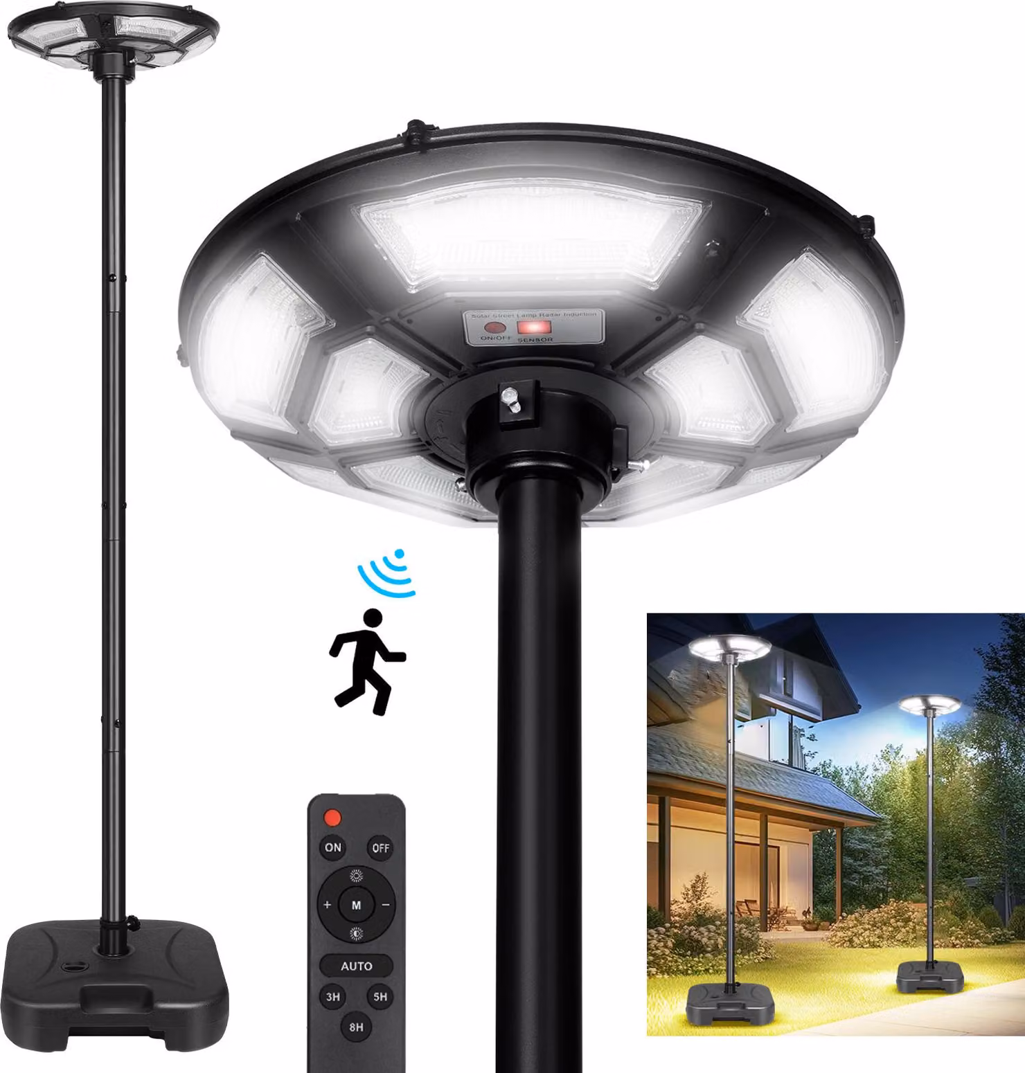 1 lampada solare da giardino UFO con 750 LED, illuminazione stradale solare per esterni, batteria da 12000 mAh, sensore di movimento, grado di protezione IP65, impermeabile, illuminazione a 360°, con base, telecomando, lampada solare da giardino, 200 cm