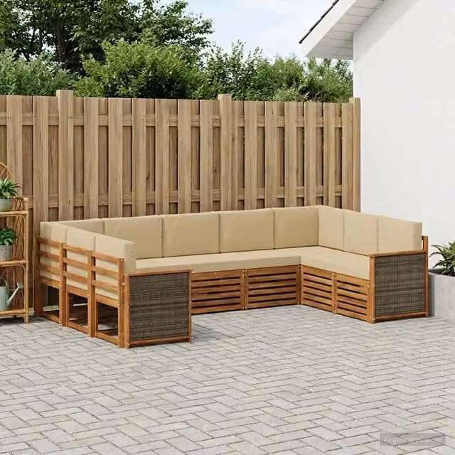 Set di divani da esterno a L vidaXL in legno di acacia con cuscini beige, 7 pezzi – 1