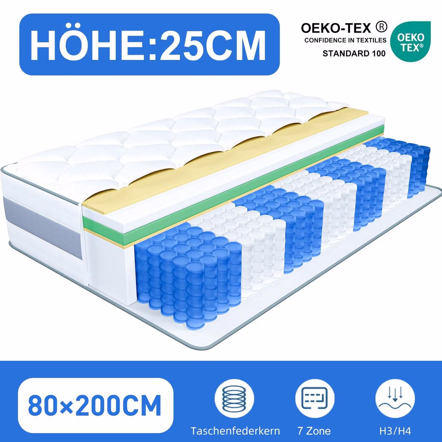 Materasso 80x200 25 cm Topper integrato Materasso a molle insacchettate a 7 zone H3/H4