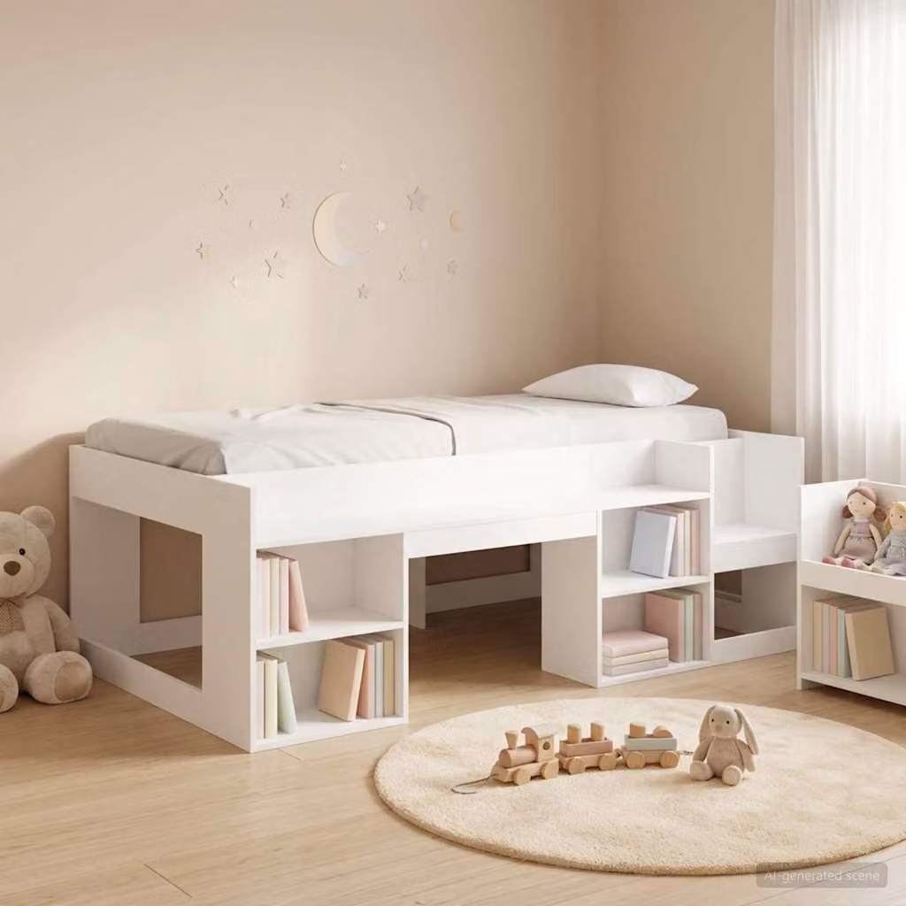 vidaXL Letto Singolo Rialzato per Bambini con Ripostiglio Laterale Bianco in Legno MDF