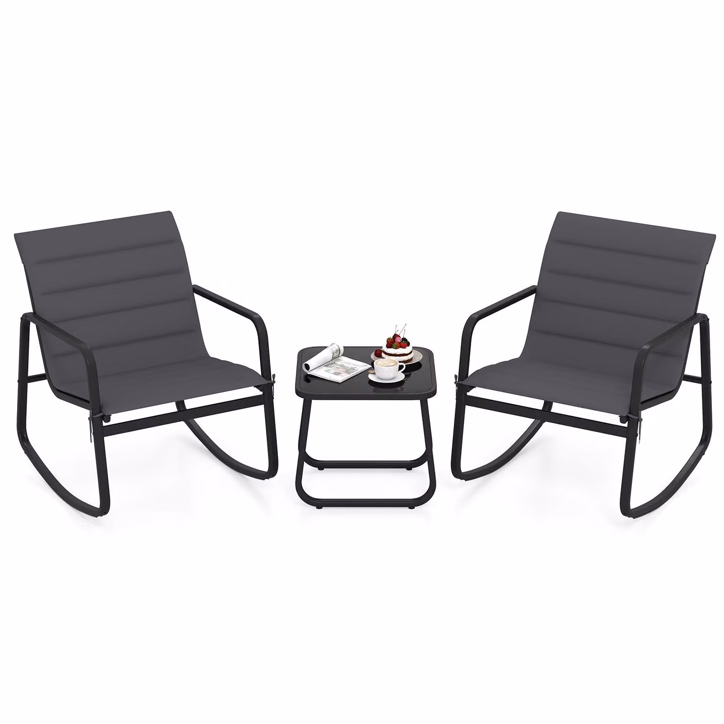 COSTWAY Set di mobili da giardino a 3 pezzi, set di mobili da balcone, 2 sedie a dondolo con tavolo e cuscini, set da balcone, mobili da patio, set da giardino, gruppo di sedute