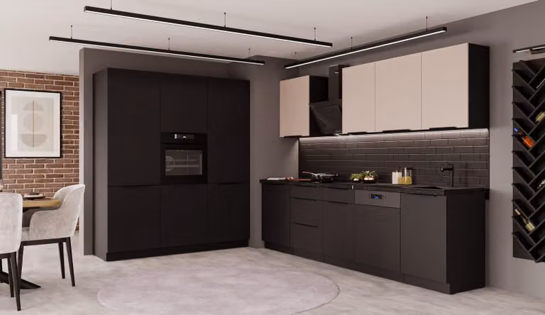 Cucina SIENA + ARONA 280 + 180 cm, linea cucina, blocco cucina, cucina componibile, beige cashmere + nero opaco