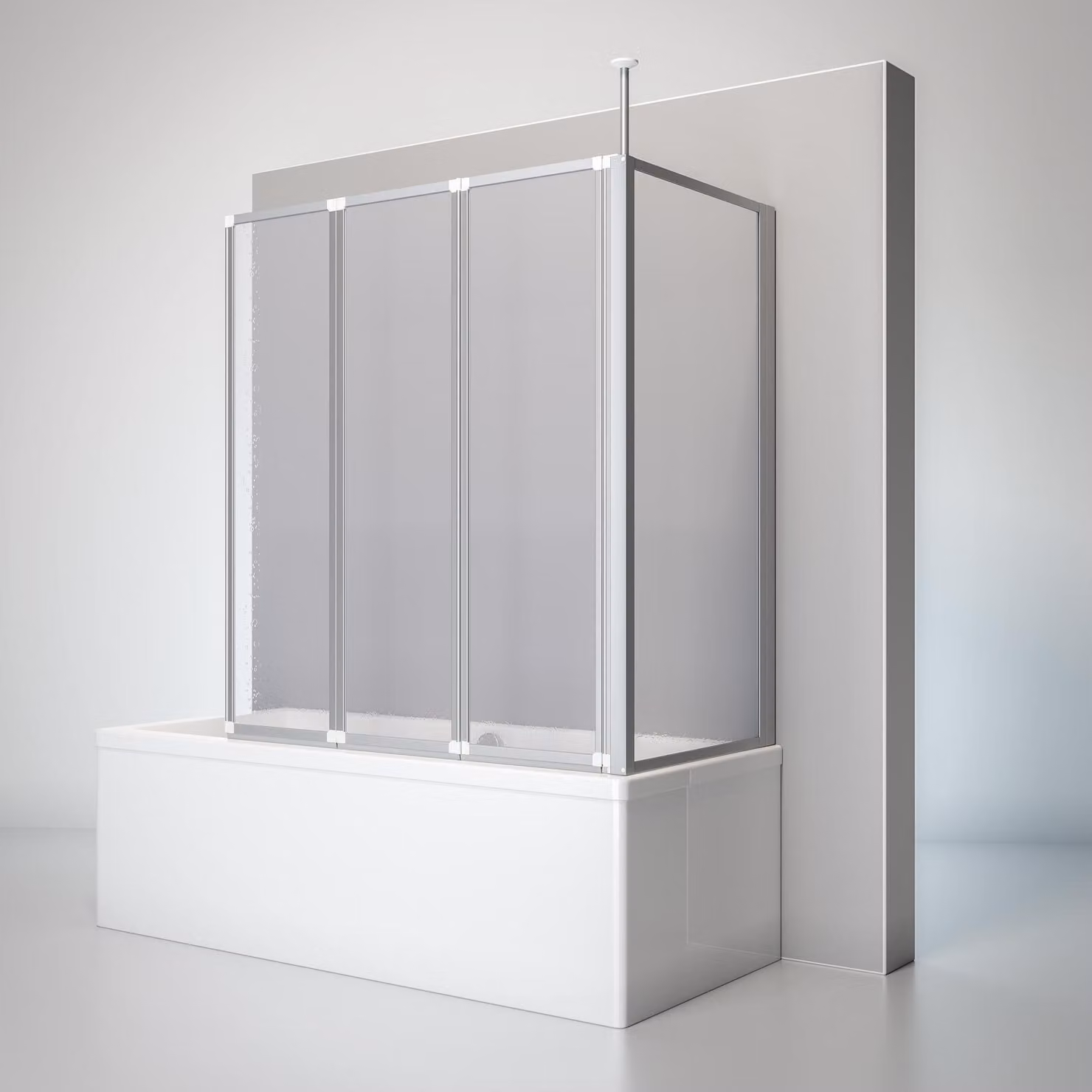 Box doccia Schulte per vasca da bagno, in 3 parti con pannello laterale, pannello pieghevole: 129 x 140 cm, pannello laterale adatto a vasche con profondità compresa tra 68 e 71 cm, vetro sintetico Softline chiaro, alluminio naturale