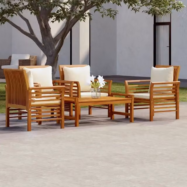 vidaXL Set Salotto da Giardino 5 pz in Legno di Acacia con Cuscini Marroni e Bianchi