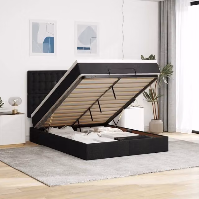 Letto con contenitore a sollevamento e materasso vidaXL in tessuto nero e bianco, L/P/H: 200 x 140 x 128 cm – 1
