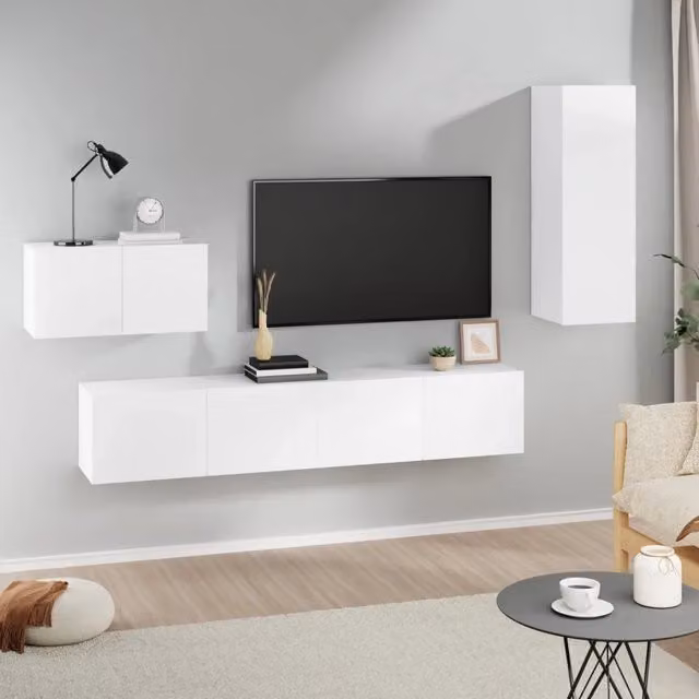 Set di mobili porta TV moderno vidaXL in legno multistrato bianco da 4 pezzi con montaggio a parete