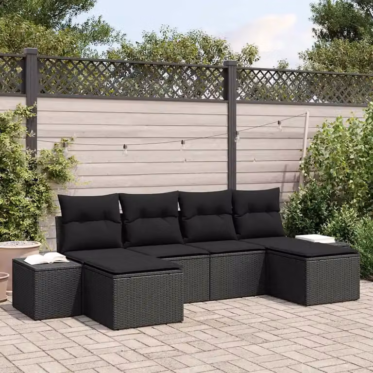 Set Divano da Giardino Moderno vidaXL in Polyrattan Nero con Cuscini Rimovibili e Struttura in Acciaio Verniciato a Polvere, 6 Pezzi