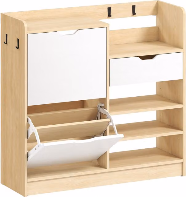 Scarpiera da ingresso HOMCOM moderna con cassetto, ripiani aperti e 4 ganci, contenitore per 14 paia di scarpe in legno e MDF, colore naturale e bianco