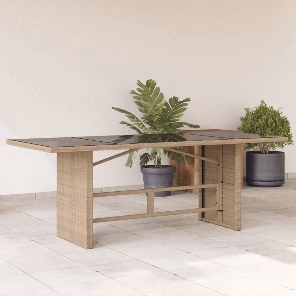 vidaXL Tavolo da Giardino Rettangolare in Polyrattan Beige con Piano in Vetro L: 190 cm, P: 80 cm, H: 74 cm