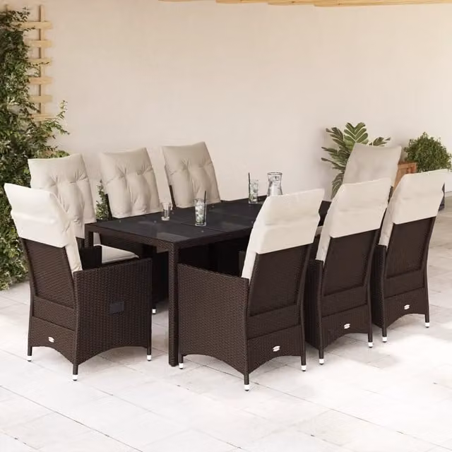 Set da pranzo da giardino vidaXL in polyrattan marrone e bianco con 9 pezzi e cuscini – 1