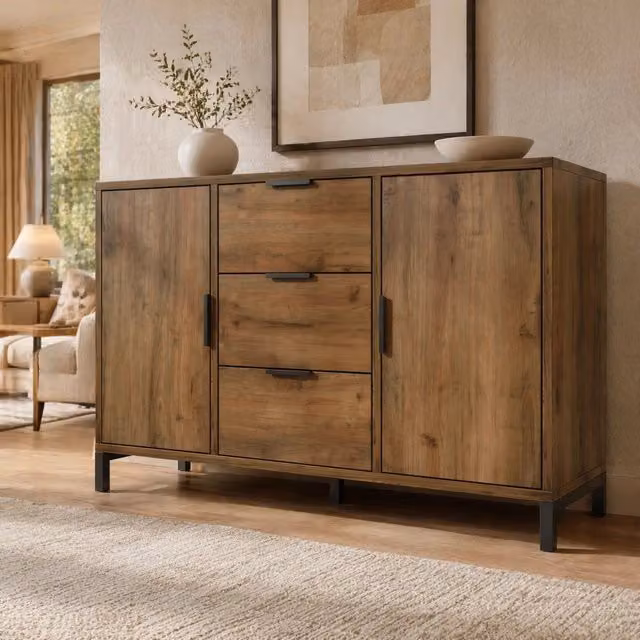 Credenza con 2 ante e 3 cassetti; 120x40x76 cm; rovere scuro; ripiano regolabile