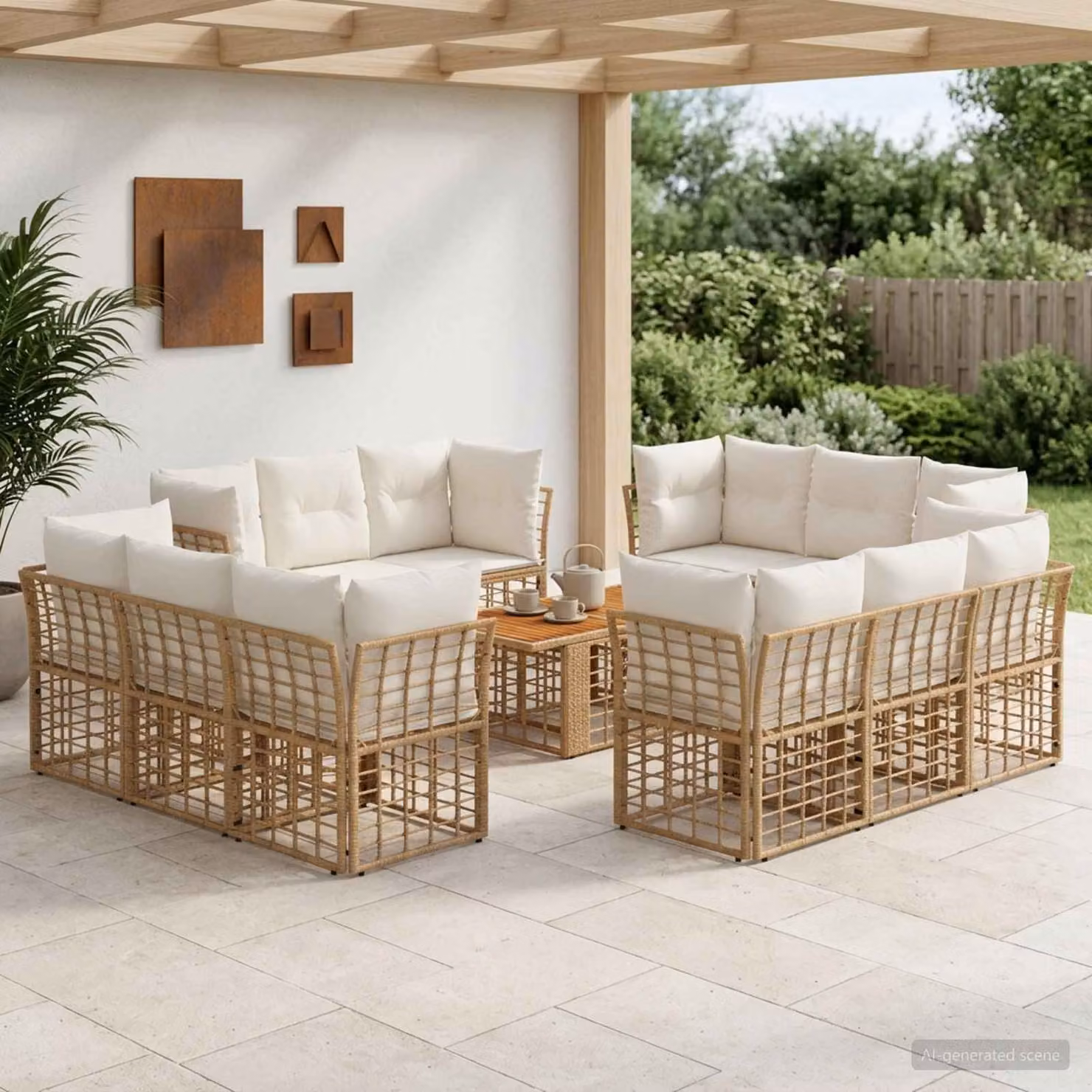 Set Divano da Giardino vidaXL 13 Pezzi in Polyrattan con Cuscini, Colore Naturale e Bianco Crema