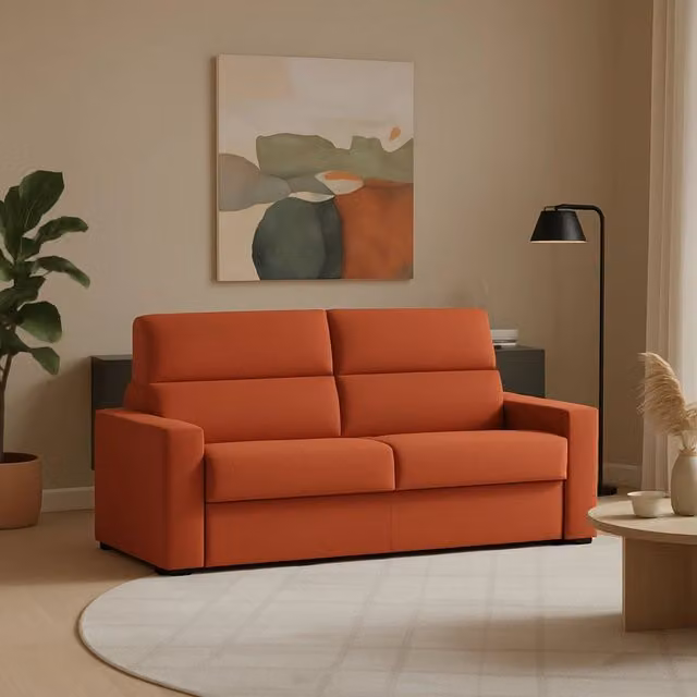 Divano Letino DMORA a 2 posti, modello fisso con rivestimento sfoderabile in tessuto arancione, Made in Italy, L: 200 cm, P: 95 cm, H: 100 cm – 1