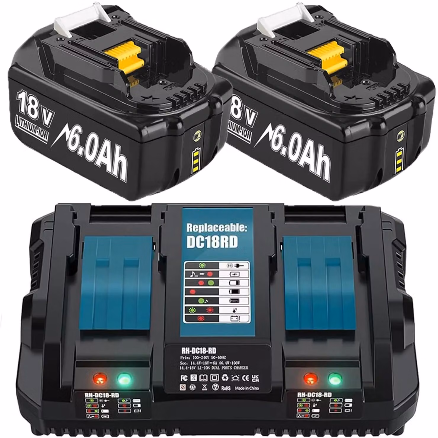 Batteria di ricambio, 18V, capacità 6000mAh, 2 batterie 1 caricatore