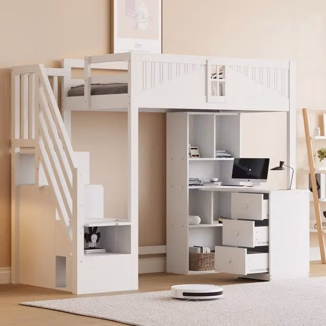 Letto a soppalco 90 × 200 cm con scrivania, cassetti e armadi, senza materasso, in legno, bianco