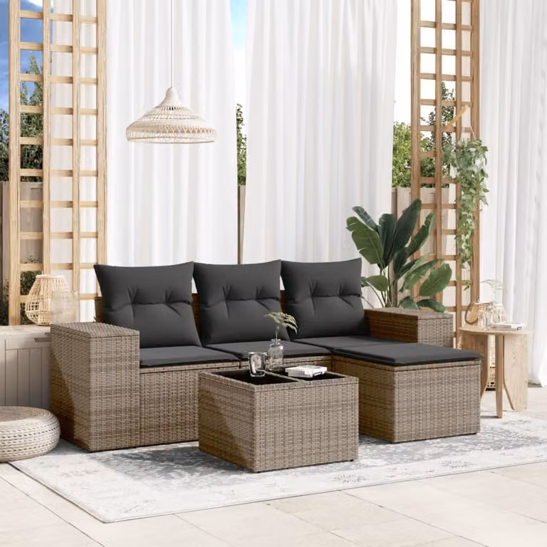 vidaXL Set Divano da Giardino 5 pz a L in Polyrattan Grigio con Cuscini e Tavolino