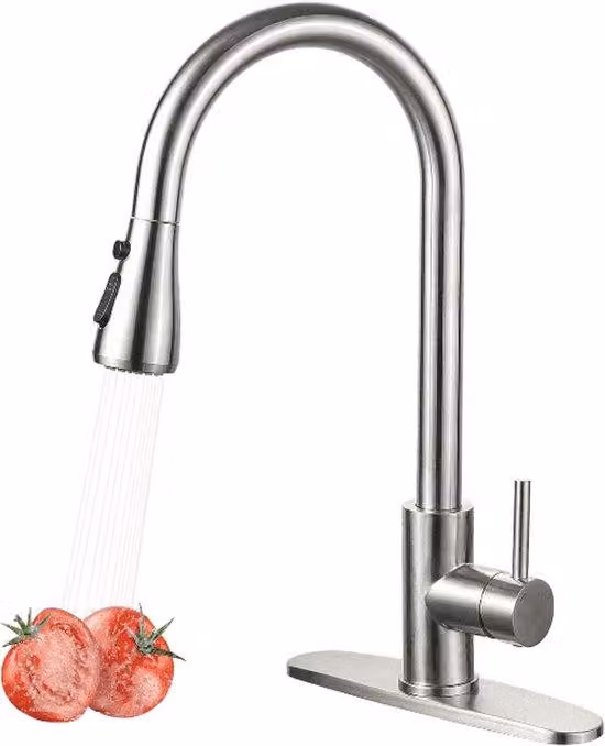 Rubinetto da cucina con doccetta orientabile, due velocità e getto a spruzzo con funzione di commutazione, arco alto, in acciaio inossidabile 304.